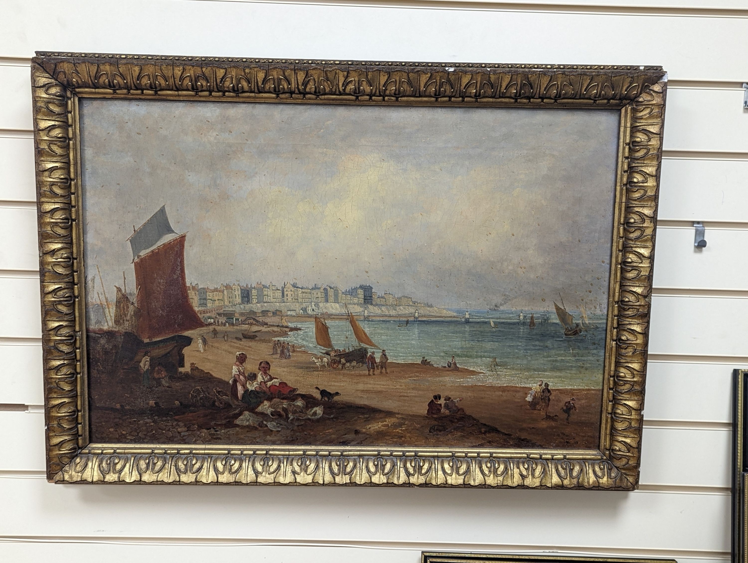 19th century English School, oil on canvas, View along Brighton seafront with the Chain Pier, 49 x 74cm